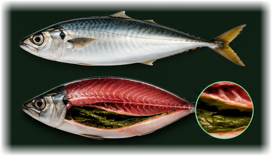 Cross section of a mackerel showing Mother Vegetable in the gut